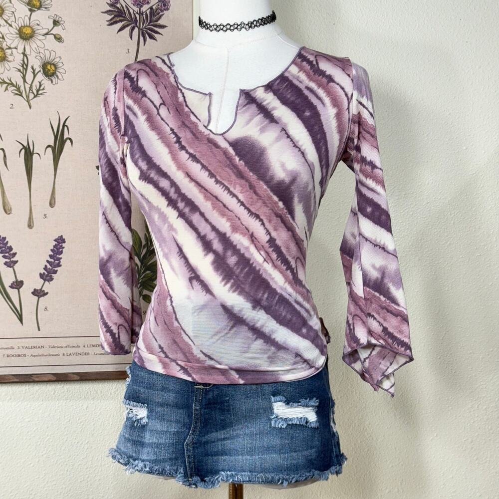 Vintage 90s Y2k Purple White Print Mesh Flowy Sleeve Top Fairy Grunge Trashy M